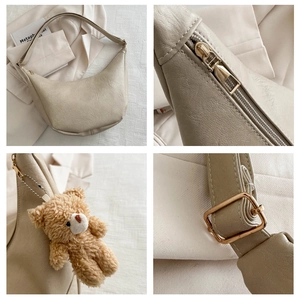 Detailed views of beige hobo bag leather texture, zipper, buckle, and bear charm
