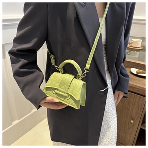 Close-up of light green crocodile embossed texture on a chic mini square handbag