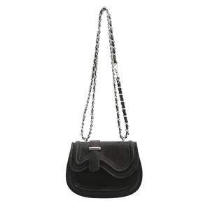 Modern black saddle bag with wave flap, silver chain strap, and metallic buckle clasp