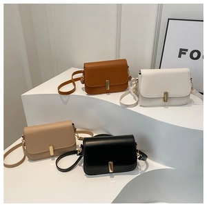 Minimalist square flap crossbody bags in four colors with sleek golden metal hardware