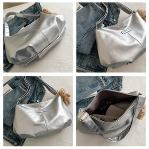 Detailed views of a silver metallic tote bag showing internal space and plush bear charm
