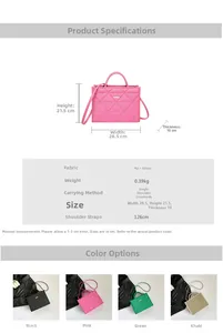 Detailed size chart and multi-color options for quilted rhombus tote bag with PU fabric