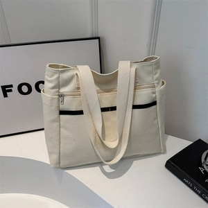 Borsa tote minimalista in tela beige con tasche multiple per università e ufficio quotidiano