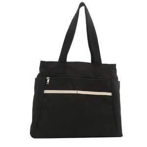 Borsa tote nera capiente con strisce bianche e tasca frontale con zip per pendolari