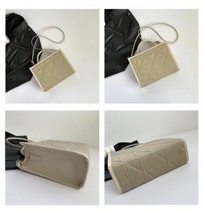 Detailed views of beige quilted tote bag showing nylon texture and metal logo plate