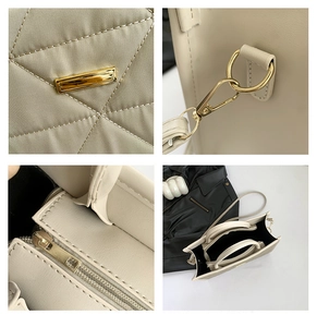 Detailed views of beige quilted tote bag showing gold metal hardware and zipper