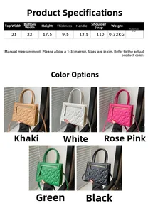 Detailed size chart and five color variants of the woven embossed PU leather handbag