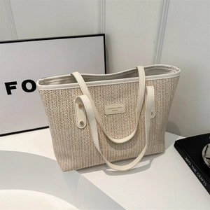 Sac fourre-tout chic en paille crème avec bordure en cuir blanc et grande capacité pour femme