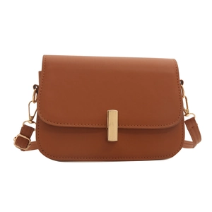 Minimalist brown crossbody square bag with golden buckle and adjustable strap