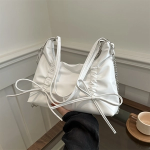 White ruched ribbon backpack for women with metal chain and bow tie detail