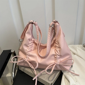 Pink pleated backpack with bow details and silver chain strap for women fashion