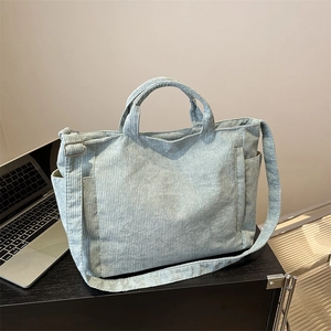 Minimalist light blue corduroy tote bag with large capacity and versatile shoulder straps