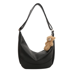 Retro black PU leather half-moon shoulder bag with cute teddy bear charm for women