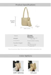 Detail view of woven straw tote bag set showing dimensions and matching small coin purse
