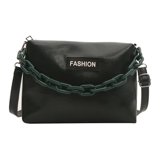 Minimalist dark green fashion crossbody bag with chain strap and fashion logo patch