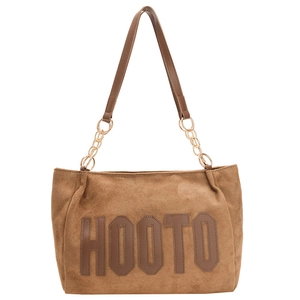 Sac cabas en daim marron avec logo HOOTO et bandoulière en cuir à chaîne dorée