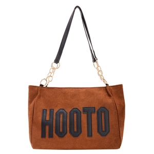 Brown suede tote bag with HOOTO letter patch and black leather gold chain strap