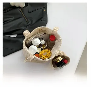 Top view of beige woven tote bag set showing large capacity for daily essentials