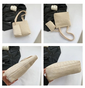 Detail view of woven tote bag showing V-pattern texture and matching small zipper pouch