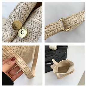 Detail view of woven tote with gold magnetic clasp, strap link, and inner pocket