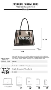 Detailed dimensions of transparent black tote bag with interior pouch and fashion logo