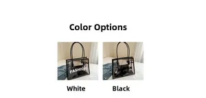 Detail of waterproof transparent PVC tote bags with FASHION print and black straps
