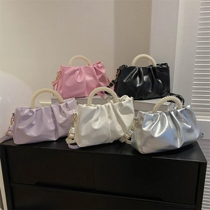 Ruched Cloud Shoulder Bag PU Leather Artificial Pearl Handle Pleated Elegant Handbag Crossbody Bag For Women