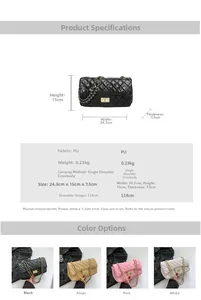 Detailed size chart and specifications for the quilted chain crossbody square bag