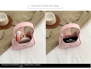 Detailed interior view of a pink mini crossbody bag showing storage capacity for cosmetics