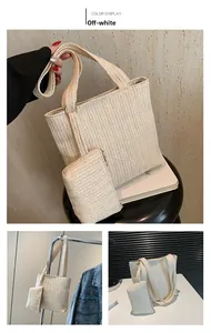 Detail view of beige woven tote bag set with herringbone texture and matching small pouch