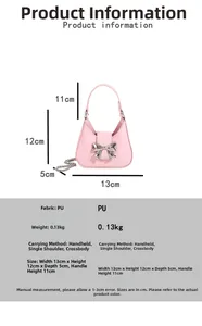 Detailed size chart for pink PU bow handbag showing dimensions and versatile carrying options