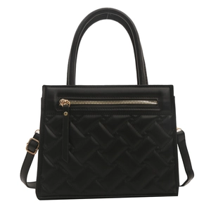 Classic black quilted leather handbag for women featuring gold-tone zipper and cross-stitch texture
