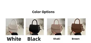 Collection of saddle crossbody bags in white, black, khaki, and brown faux leather