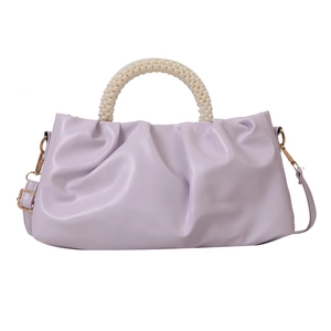 Lilac pleated cloud bag with elegant pearl top handle and detachable crossbody strap