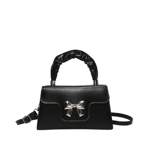 Mini black bow square handbag with ruffled handle and silver chain strap for women