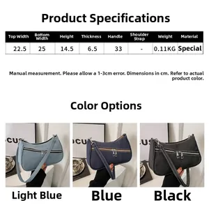 Size chart and dimensions for the denim underarm bag with zipper details and handles