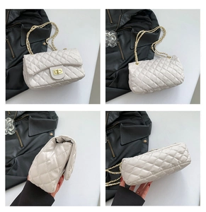 Detailed views of white quilted crossbody bag with gold chain and square twist lock