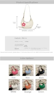 Detailed size chart for crescent underarm bag with PU material specs and measurements