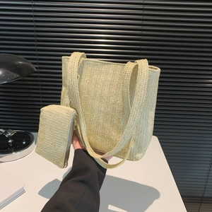 Large woven tote bag set with matching inner pouch for women in cream summer style