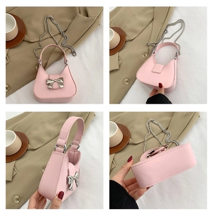 Four-angle detail view of pink crossbody bag with silver bow and metal chain strap