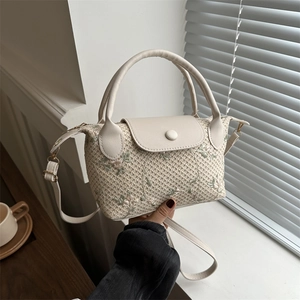 Borsa A Mano In Paglia Intrecciata Ricamo Floreale Finiture In Pelle PU Borsa A Tracolla Vacanze Estive Borsa Quadrata Alla Moda