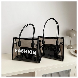 Transparent PVC jelly tote bag set with black interior pouch and Fashion text print