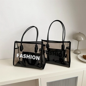 Transparent black jelly two-piece shoulder bag with FASHION print and inner pouch