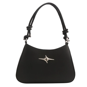 Minimalist black leather underarm bag with silver star charm and knotted shoulder strap