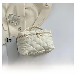 Dettaglio della borsa da trucco beige trapuntata con doppie cerniere dorate e manico superiore
