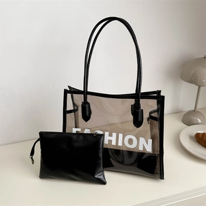 Transparent PVC tote bag with FASHION print and internal black leather pouch set