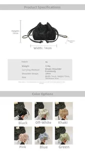 Detailed view of the 14x15x9cm dimensions for this soft PU leather drawstring bucket bag