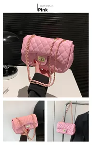 Detailed views of pink quilted chain bag featuring a gold twist lock and elegant stitching
