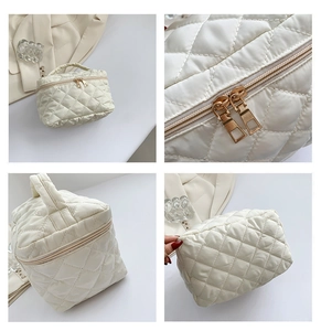 Dettagli del beauty case bianco trapuntato con doppie cerniere metalliche e manico superiore