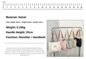 Size specifications of the velvet tote bag showing 30x28x10cm dimensions and strap height